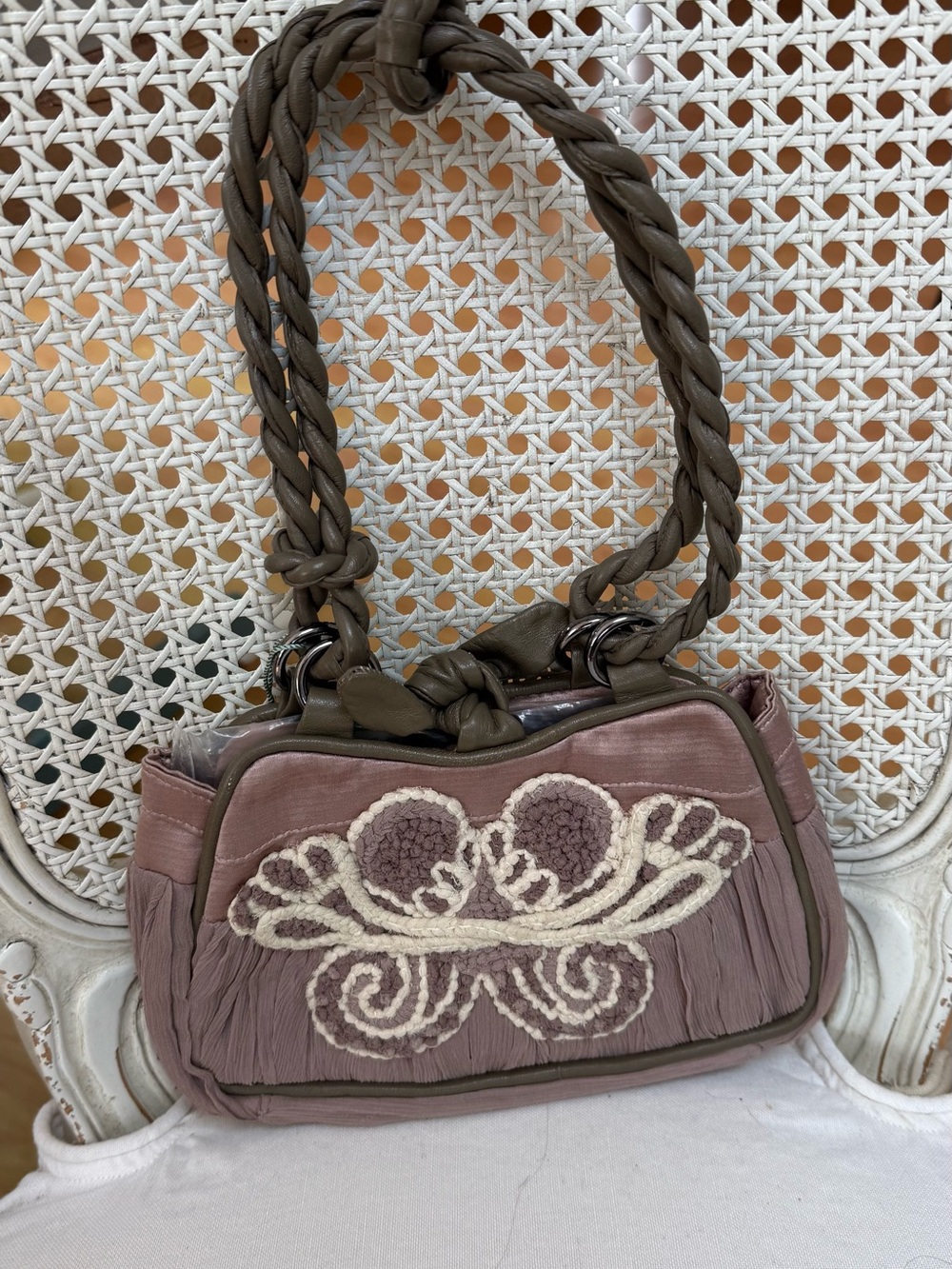 Mauve Embroidered Shoulder Bag with Braided Strap